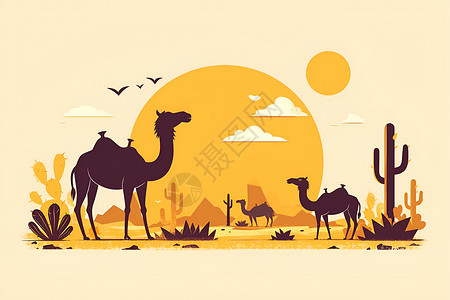 沙漠中的一群骆驼插画