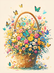 篮子中的花朵插画背景图片