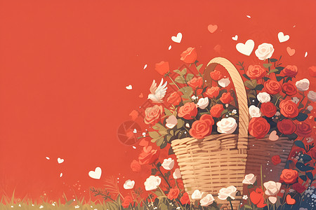玫瑰花篮花篮中的漂亮玫瑰插画