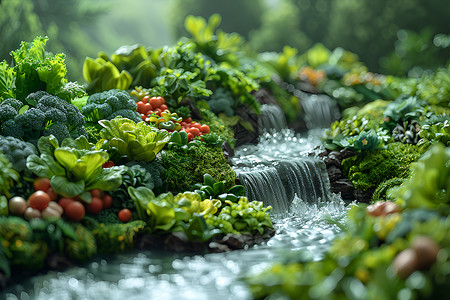 花钱流水微观的蔬果和水域设计图片