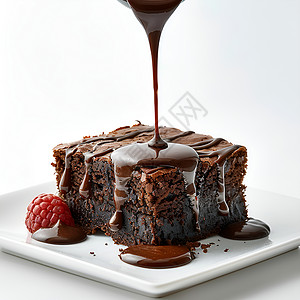 美味蛋糕布朗尼蛋糕上的巧克力酱背景