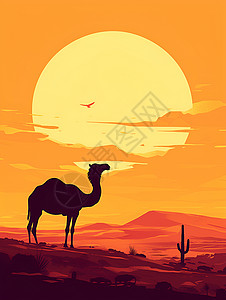 沙漠夕阳下的骆驼背景图片