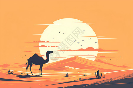 沙漠中的黄昏黄昏中沙漠上的骆驼插画