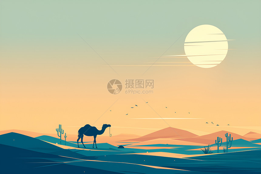 沙漠中的骆驼与仙人掌图片