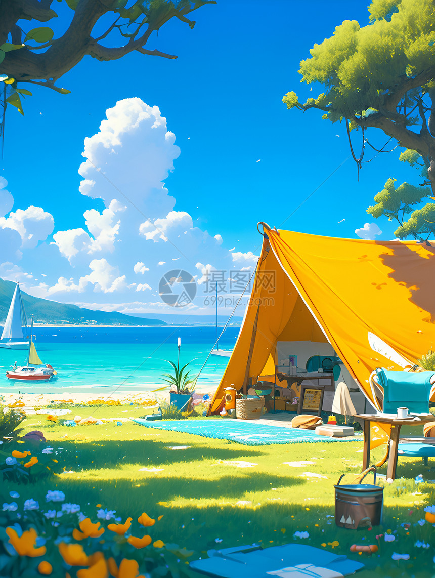 海滨营地的帐篷图片