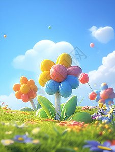 彩色立体花糖果花飘浮在空中插画