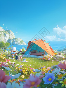 海边花海中的可爱帐篷背景图片