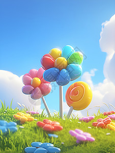 彩色烟云与糖果糖果花与天空插画