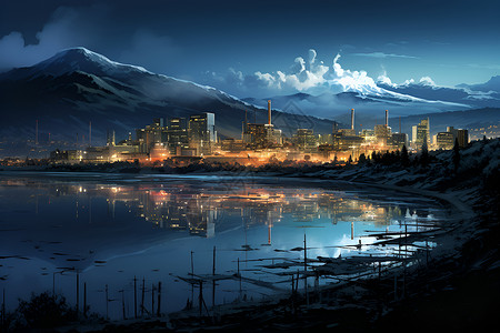 城市夜间江景城市的湖泊插画