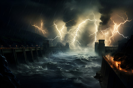 风雨十年大坝的雷暴天气插画