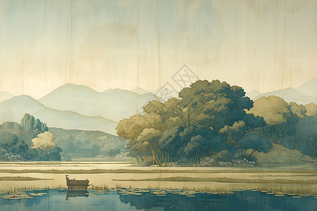 湖畔山水画背景图片