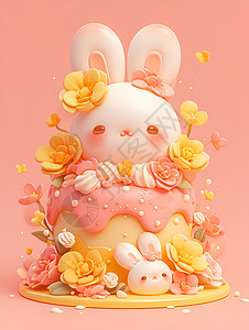 立体花朵背景墙蛋糕上的可爱兔子插画