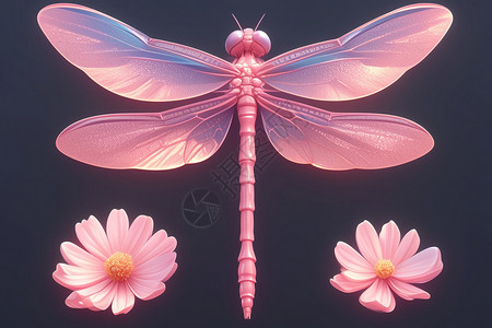 粉色色调下的蜻蜓与花朵背景图片