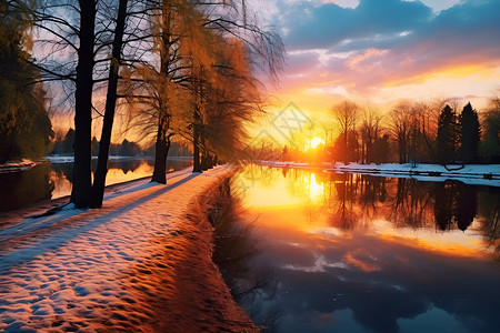 落日下的积雪道路背景图片