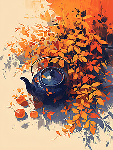 秋天背景下的茶壶背景图片