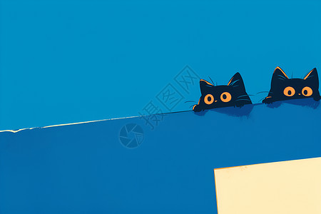 蓝色可爱线条两只猫咪坐在蓝色背景墙上插画