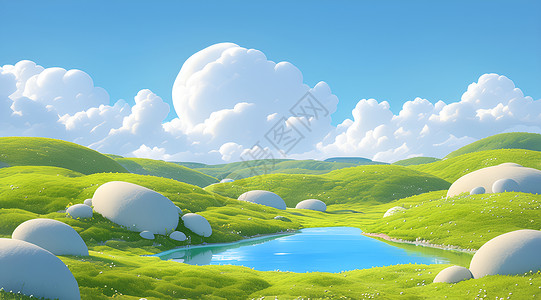 青绿草地上的美景背景图片