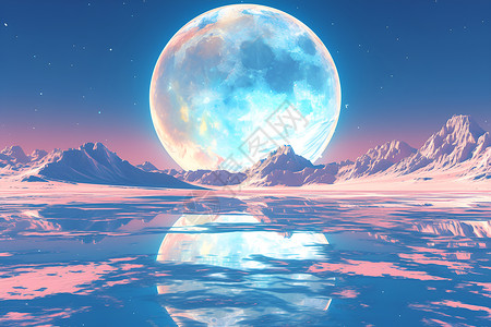 湖和友田湖水中岛屿的山脉和月亮插画