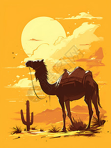 大漠风景大漠剪影夕阳映照下的骆驼插画