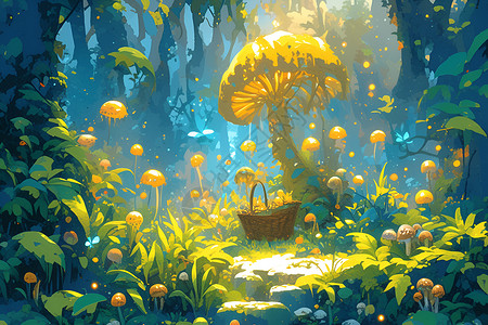 发光蘑菇仙境般的森林插画