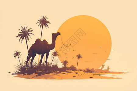 大漠夕阳大漠孤行的骆驼插画