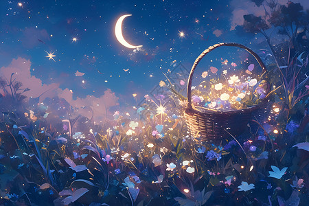 篮子里鲜花夜空下的花园插画