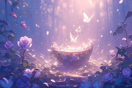 花篮背景仙境中的花篮与飞舞的蝴蝶插画