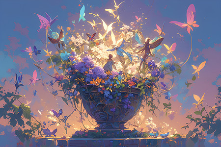 魔幻花卉和仙子背景图片