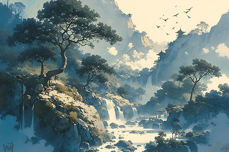 森林景观云雾缥缈间的山水画插画