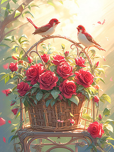 收纳篮子红玫瑰篮中的恋爱小鸟插画