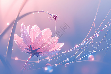 网子上蜘蛛粉色花朵上的蜘蛛插画