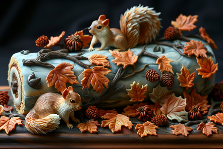 南瓜装饰松鼠点缀的蛋糕卷设计图片