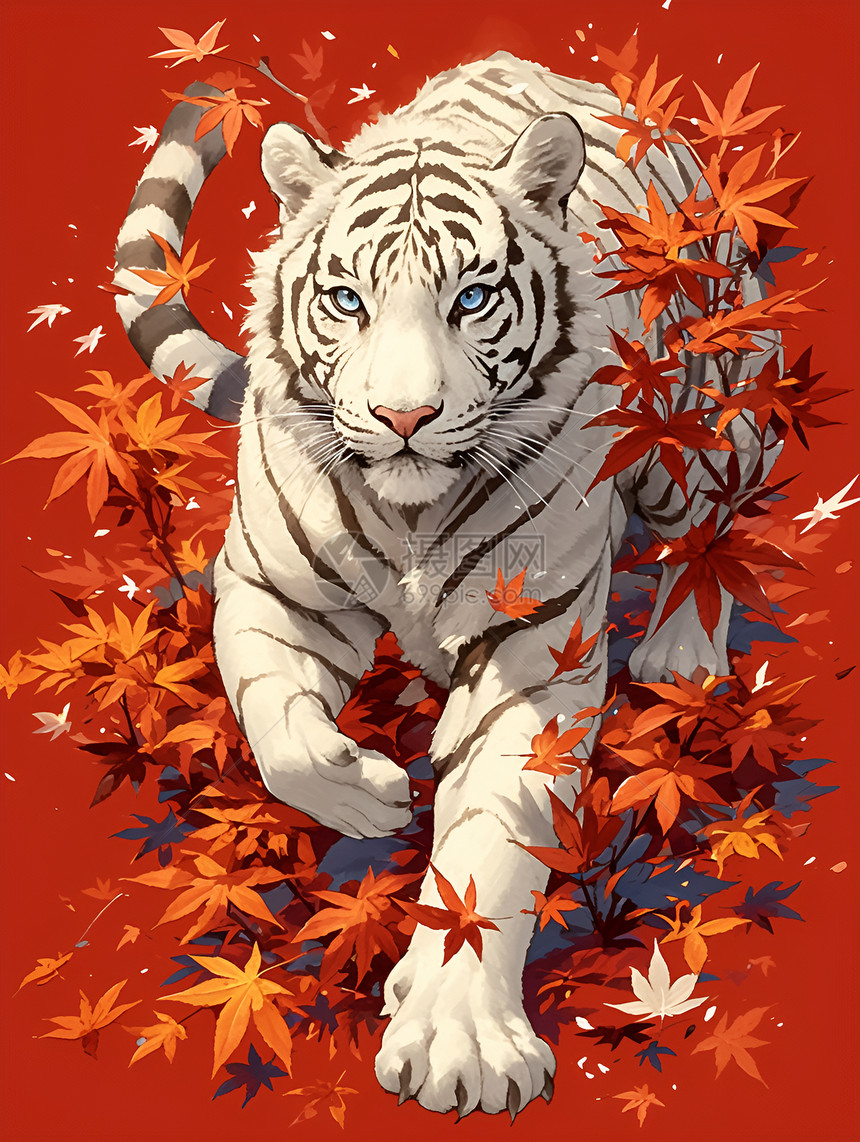 秋季枫叶中的老虎图片
