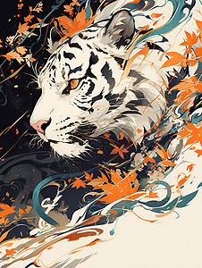 秋叶中的老虎插画背景图片