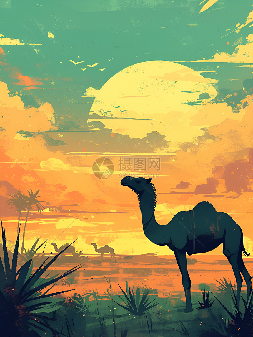 夕阳下的骆驼图片