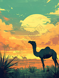 夕阳下的骆驼背景图片