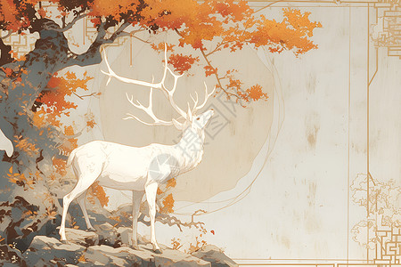 树下岩石上的白鹿背景图片