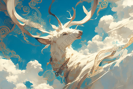 云海里翱翔的白鹿背景图片