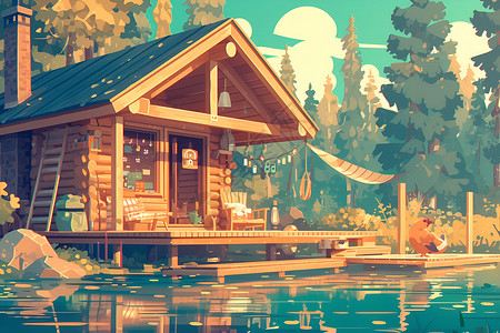 湖边的木屋背景图片