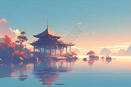 古宇湖夕阳湖面上的古建筑插画