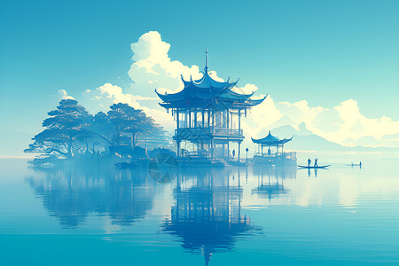 古宇湖湖面上的庭院插画