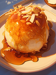 舌尖上的蜂蜜甜点盘子上的椰蓉年糕插画
