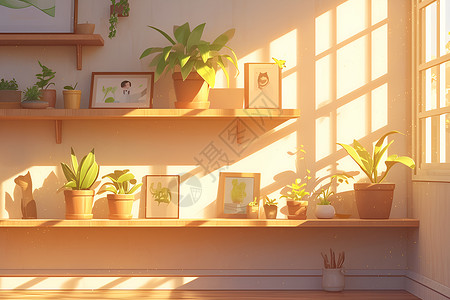 木窗户客厅木架上的植物和相框插画