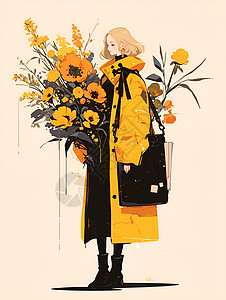 黄色花束手捧鲜花的美女插画