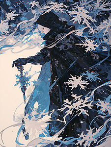 黑袍冰雪山林里的剑客插画