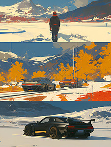 雪汽车雪地上的赛车插画