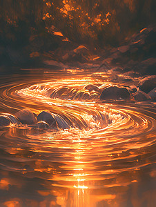 金色夕阳下的流水背景图片