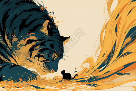 黑猫敢于面对威猛的老虎插画