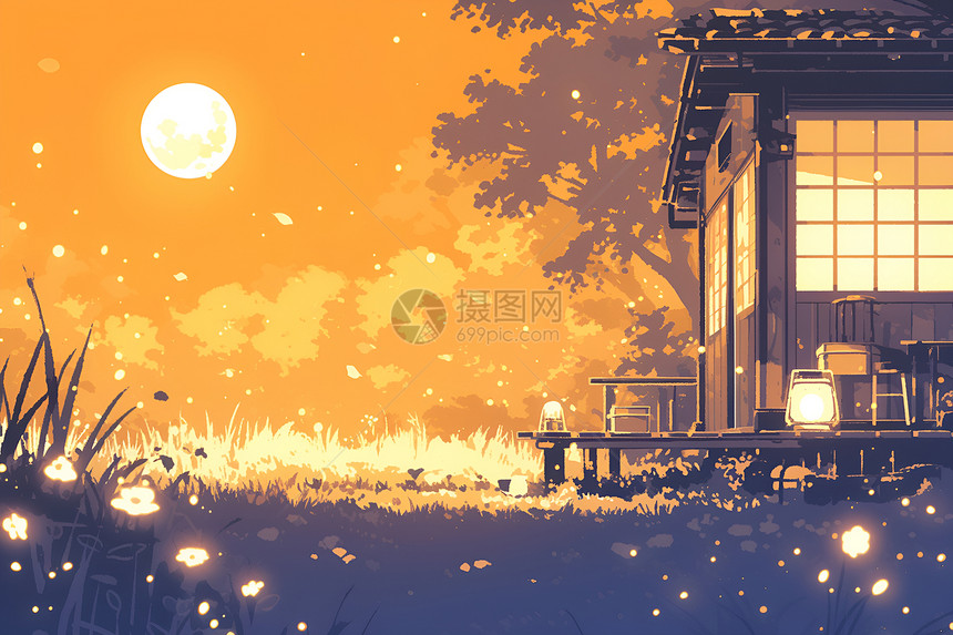 月光照耀下的田野小屋图片