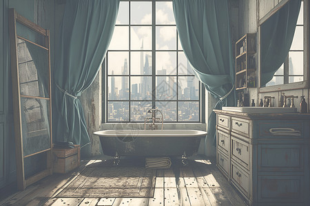 复古窗帘浴室里的怀旧之美插画